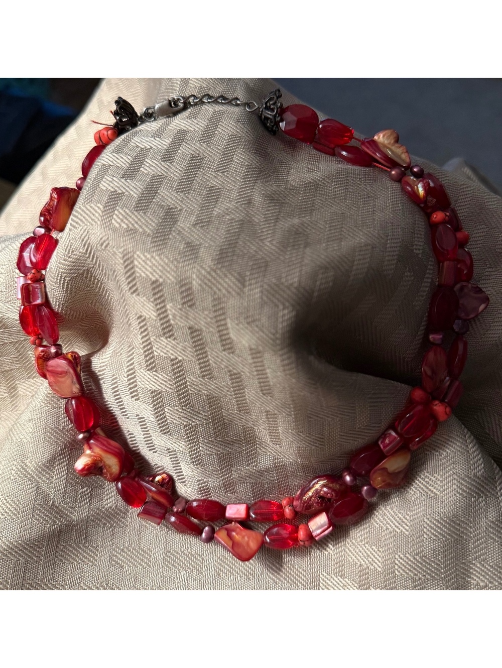 Red Double Strand Beaded Statement Necklace Shell Glass Boho Adjustable 18-20”